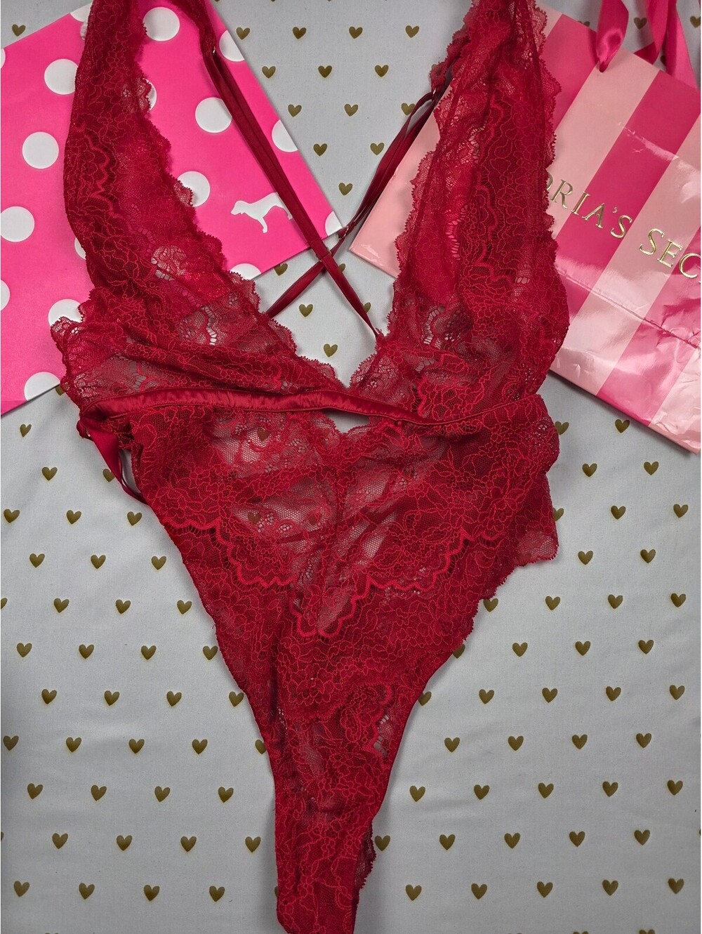 Victorias Secret Red Strappy Lace Sexy Sheer Bodysuit Teddy XL